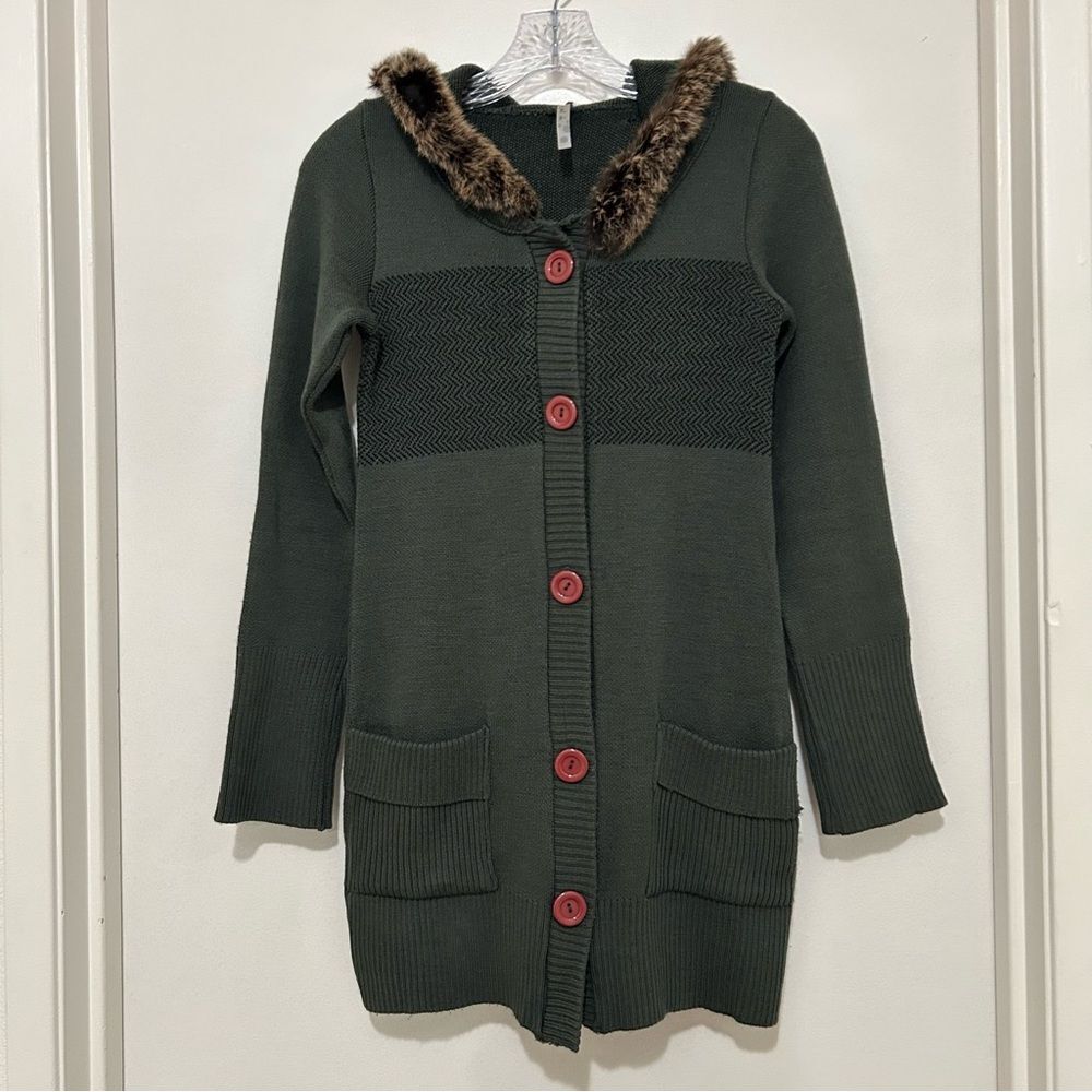 Tricot Joli Y2K Fur Trim Hooded Cardigan Button Down Long Sleeves Olive Green